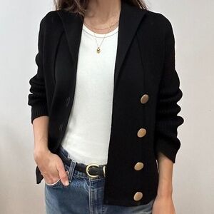 Vintage ribbed knit black cardigan jacket double-breasted with gold buttons S/M